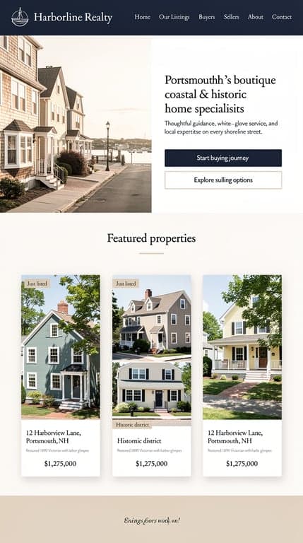 One-page homepage design for Harborline Realty, a boutique Portsmouth, NH brokerage specializing in coastal and historic homes—elegant, calm, premium layout in deep navy, sand, and white with refined serif headlines and clean sans-serif body text. Show a coastal hero with subtle historic-home photography and logo, concise boutique positioning, featured properties teaser grid, buyer and seller entry CTAs, a small four‑agent/white‑glove blurb, and a simple contact/footer with generous white space.
