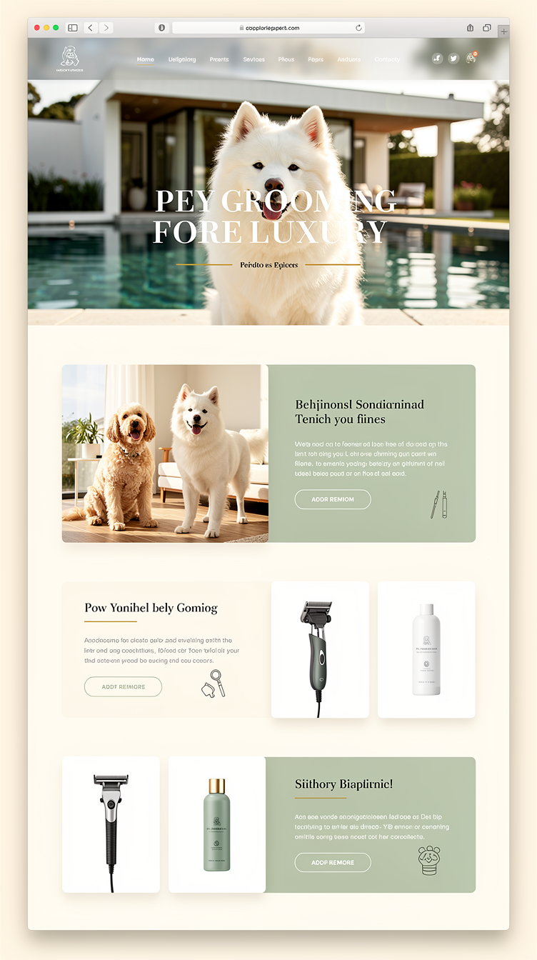 Modern tech-meets-luxury pet grooming homepage, clean geometric layout with generous ivory #F7F5F0 whitespace, full-width cinematic video-style hero of a Samoyed dog outdoors near a sunlit modern pool house, bold serif headline centered with a thin gold-oak #B99B78 underline, sticky glassmorphic navigation bar with blurred translucent background, sections alternating full-bleed imagery with split two-column product cards, soft sage #71806F highlight blocks, minimalist icons, refined grid alignment, premium Apple-product-launch feel adapted for a pet brand.