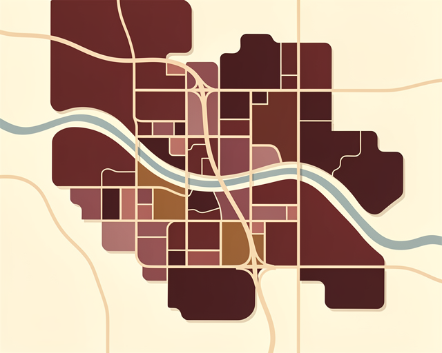 Warm flat vector illustration: Illustration of a map showing Ann Arbor neighborhoods and school districts. Simple friendly shapes, cohesive warm palette of maroon and cream tones, no text or labels.
