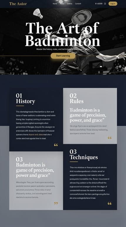Editorial homepage for "The Art of Badminton", an educational site about the sport of badminton, aimed at learners/enthusiasts. Midnight palette: deep near-black navy (#0f172a), slate blue-grey (#1e293b), and pale cool white (#e2e8f0) as background with a single warm gold/amber accent for highlights and CTAs. Full-bleed hero with dramatic high-contrast black-and-white style photo of a badminton player mid-smash, huge bold serif display headline overlapping the image editorially, thin gold rule, small supporting subhead, one pill CTA button. Magazine-style grid below with asymmetric columns, pull quotes, numbered sections ("01 History", "02 Rules", "03 Techniques"), generous whitespace, refined typographic hierarchy like a sports journal.