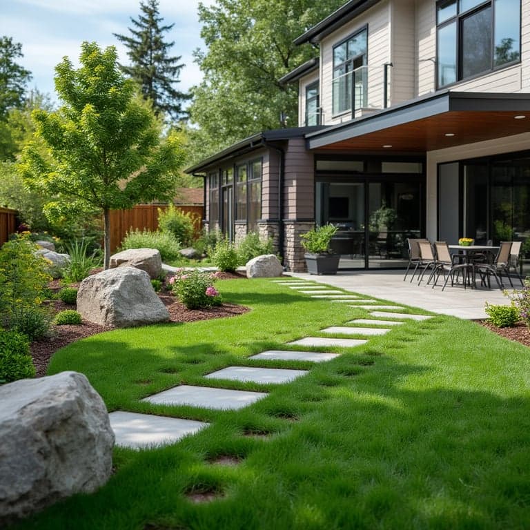 Professional landscaped garden with stone pathways, lush green grass, and decorative rocks surrounding a modern home patio area