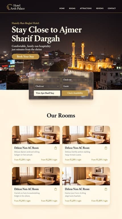 Hotel Arsh Palace — Deep Dusk & Gold Website Mockup