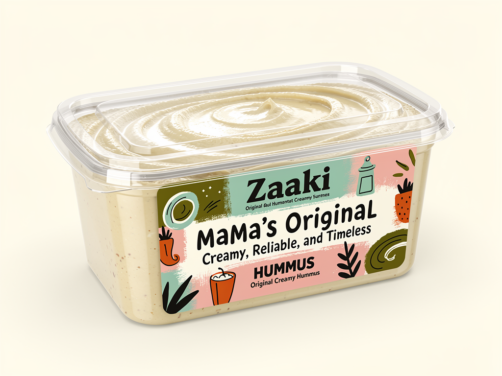 create a high-quality, retail-ready product mockup of Zaaki hummus packaging using a rectangle, transparent plastic container with a rectangle lid, suitable for U.S. grocery stores.
The design should feel bold, playful, joyful, and rooted in Palestinian food culture, with expressive illustration and confident typography. Maintain the lively, graphic style with simple shapes, punchy color blocks, and friendly hand-drawn energy.
The word “HUMMUS” must appear clearly on the front-facing label, either beneath the flavor name or as a secondary descriptor (e.g., “Original Creamy Hummus”). It should be easy to read at shelf distance.
Include realistic FDA-required labeling elements, subtly integrated so they don’t overpower the design:
Net weight (e.g., “Net Wt 10 oz / 283 g”)
Ingredients statement (small but legible)
Allergen statement (e.g., “Contains: Sesame”)
Nutrition Facts panel placed on a side or back label (not the hero panel)
Refrigerated product cues (optional but realistic)
These elements should feel authentic and properly placed, not decorative — as they would appear on real hummus packaging sold in U.S. grocery stores.
Use the Zaaki logo bold and confident.
Color palette must strictly follow Zaaki brand colors:
Olive green #A7A838
Mint/teal #60C3AD
Rose pink #F37C90
Harissa orange #EC6542
Off-white #FFFDF9
Deep near-black #150F11
Flavor name “Mama's Original” should remain playful and prominent, paired with the tagline:
“Creamy, Reliable, and Timeless”
The hummus inside the container should be visible — creamy beige hummus with a bold swirl.
Avoid ornamental Mediterranean patterns, tiled motifs, or photographic ingredient collages. Keep illustrations simple, graphic, and intentional, acting as energy and texture rather than decoration.
Lighting should be clean and natural. The final image should feel fully shelf-ready, joyful, compliant, and unmistakably Zaaki — a product that looks exciting and legitimate in a U.S. grocery store.