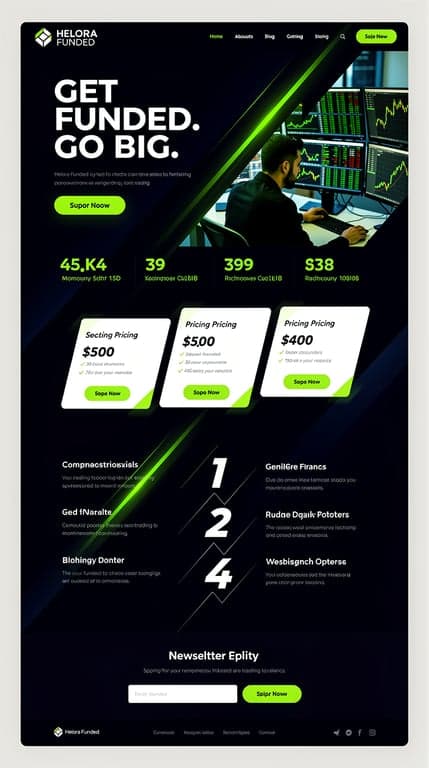 Homepage for "Helora Funded" trading firm, high-energy bold layout with a deep navy-black base, neon emerald and lime green highlight streaks resembling stock chart lines cutting diagonally across the hero. Big oversized condensed display type headline "GET FUNDED. GO BIG." stacked left-aligned, asymmetric hero composition with a large trader photo on the right cropped dramatically. Below, offset alternating sections: full-bleed stat band, angled-card pricing tiers, a zig-zag step process with numbers, and a dark footer with newsletter signup. Sharp angular section dividers, high contrast, energetic sporty fintech mood.