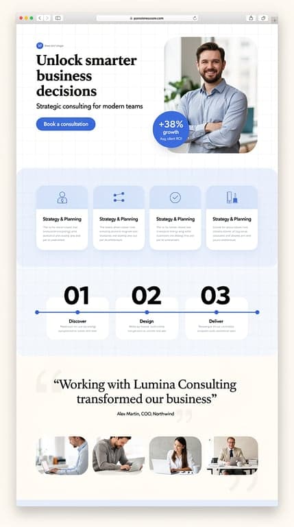 Business Consulting Homepage Mockup — Soft Swiss Grid