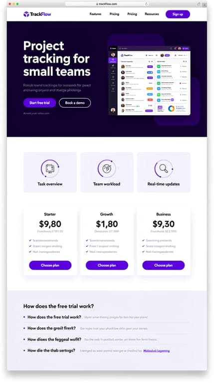 Landing page for "TrackFlow", a project-tracking SaaS for small teams. Bold modern hero with deep violet (#4c1d95) background, bright purple (#7c3aed) accents, light lavender (#f5f3ff) sections. Big headline, dashboard product screenshot in hero, feature grid with icons, pricing cards, FAQ. Clean sans-serif, confident and energetic.