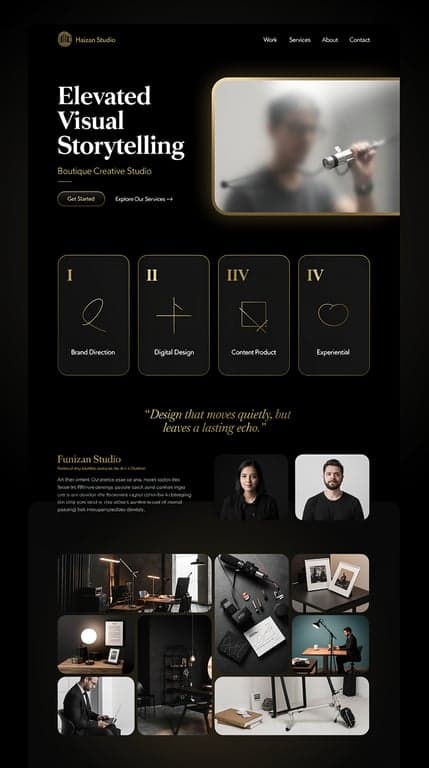 Ultra-premium editorial dark agency site for "Haizan Studio", black (#050505) canvas with brushed gold (#d4af6a) accents and off-white text. Hero uses an asymmetric split layout: bold oversized serif-like display headline on the left in Outfit font stacked vertically, subtle looping video framed in a rounded glass card on the right, thin gold underline CTA button "Get Started" plus text-link secondary CTA "Explore Our Services ->". Services shown as a horizontal scroll-style row of tall minimal cards with roman numerals I-V and thin gold icon lines. About section is a large full-width dark panel with a pull-quote in gold italic type and a two-column founder bio with portrait photos. Portfolio as a masonry-style grid with hover gold overlay captions. Footer minimal with large gold wordmark. Overall mood: editorial, luxurious, high-end studio.