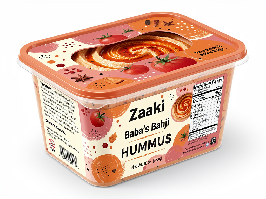 Create a high-quality, retail-ready product mockup of Zaaki “Baba’s Bahji” Tomato Hummus in a rectangle, transparent plastic container with a rectangle lid, suitable for U.S. grocery stores.
The design should feel bold, savory, and a little unexpected, inspired by Levant cooking and warm, tomato-forward flavors. Confident but playful.
The word “HUMMUS” must appear clearly on the front label, paired with the flavor name “Baba’s Bahji.”
Include realistic FDA-required labeling elements (net weight, ingredients, allergen statement, nutrition facts panel placed on side or back).
Color emphasis:
Harissa orange #EC6542
Rose pink #F37C90
Off-white #FFFDF9 for balance
Use the Zaaki logo bold and proud.
Illustrated elements should be graphic and expressive — abstract tomato shapes, spice marks, oil swirls — playful but intentional. Avoid mosaics, ornamental borders, or photorealistic food photography.
The hummus inside is visible, topped with a warm red tomato-spice oil swirl. Have part of the packaging cover the top. 
Overall vibe:
Tomato-forward, Levant soul
Big flavor, no fuss
Feels like something Baba would proudly put on the table
Lighting is clean and modern. The final image should feel alive, flavorful, and unmistakably Zaaki.
make it mediterranean fun