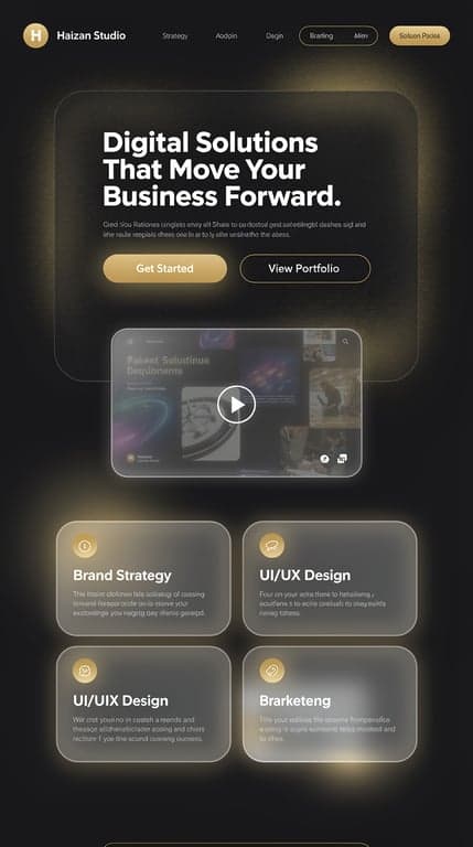 Modern glassmorphism-heavy dark agency landing page for "Haizan Studio". Deep charcoal-black gradient background (#0d0d0f to #1a1a1d) with glowing gold (#e0b25a) radial light accents behind glass panels. Hero centered, huge bold headline "Digital Solutions That Move Your Business Forward." in Outfit, subheadline below, two pill-shaped CTA buttons side by side (solid gold + glass outline), a floating translucent glass video card beneath showing a muted looping showreel. Services as 5 frosted-glass floating cards with soft shadows and gold gradient icon badges in a responsive grid. About section with rounded glass image collage on one side and stats counters (projects done, clients, years) on the other. Testimonials as glass cards on a subtle grid pattern. Footer with newsletter glass input and gold accent CTA. Mood: futuristic, polished, tactile, trustworthy.