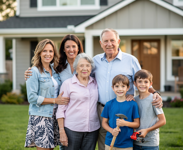 Professional photograph, natural light, realistic: Three generations of the Stonebridge family standing together in front of a home they built. No text or watermarks.