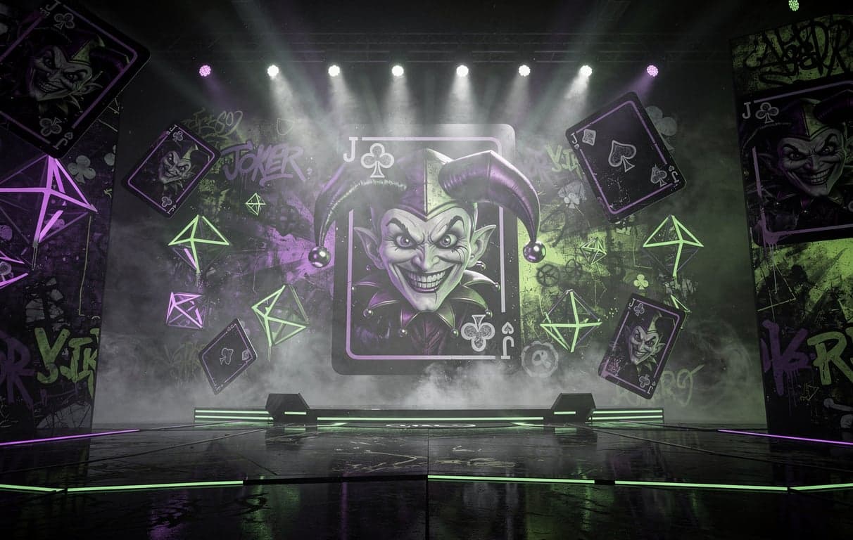Wide cinematic streaming stage backdrop with jester playing-card theme, dark atmosphere, neon purple and green graffiti lighting, smoke, floating playing cards, dramatic stage lights, digital art