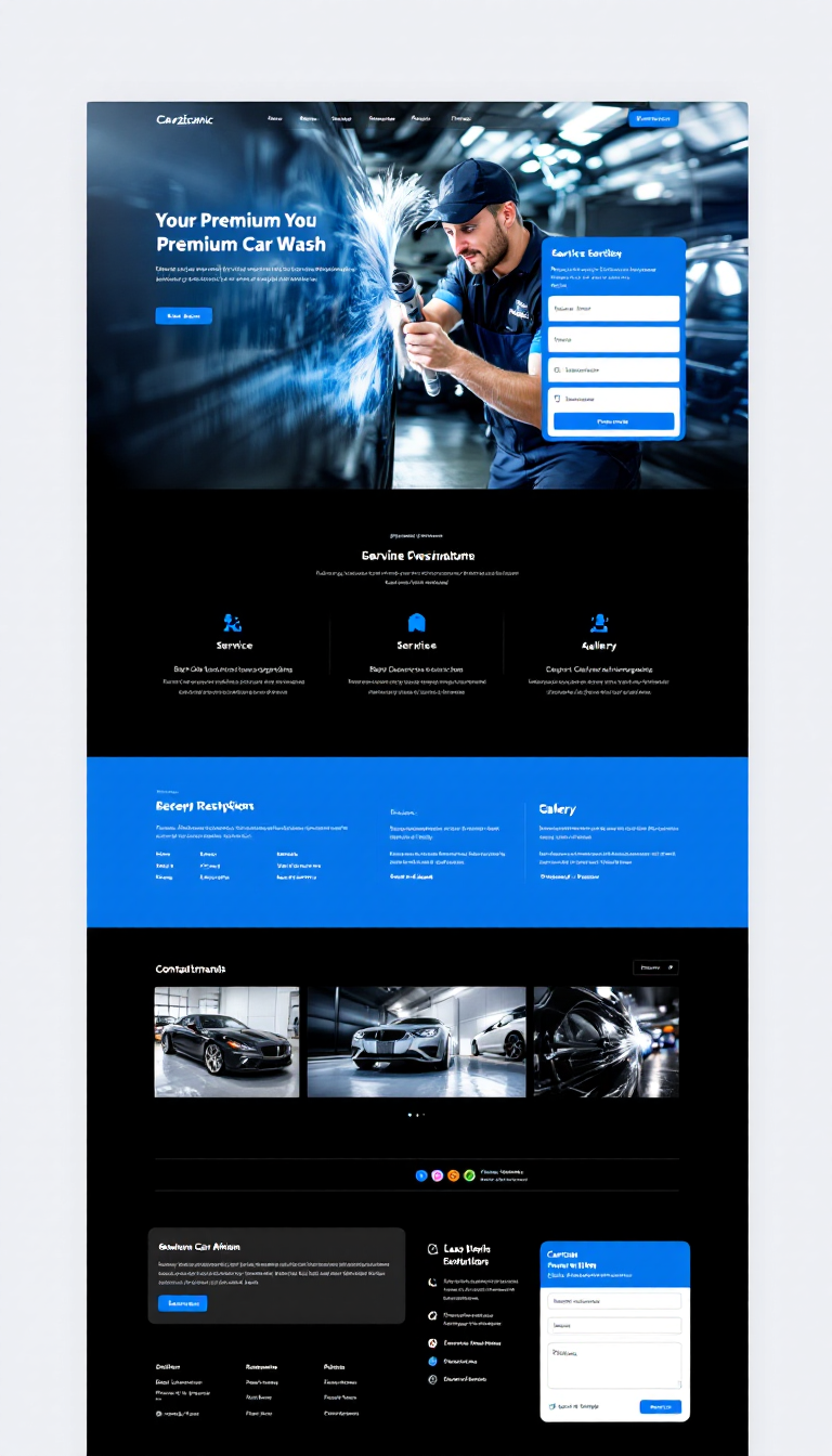 Design a single-page website for Carziconic, a premium car wash service, featuring a sleek black, blue, and silver theme. Include a video hero section, service descriptions with pricing, a booking system for appointments, a gallery for before-and-after images, testimonials, and a contact form, all optimized for SEO and mobile responsiveness.