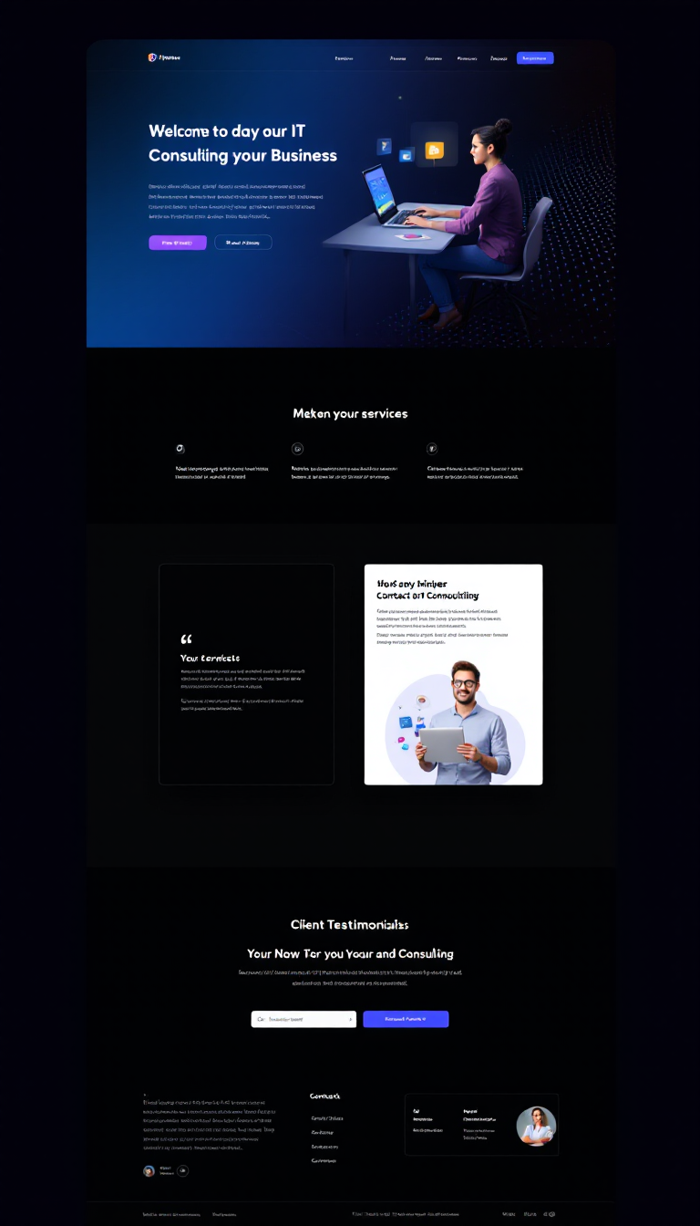 Design a simple one-page website for an IT consulting business, featuring a modern layout, clear sections for services, client testimonials, and contact information. Use a professional color scheme and easy-to-read fonts.