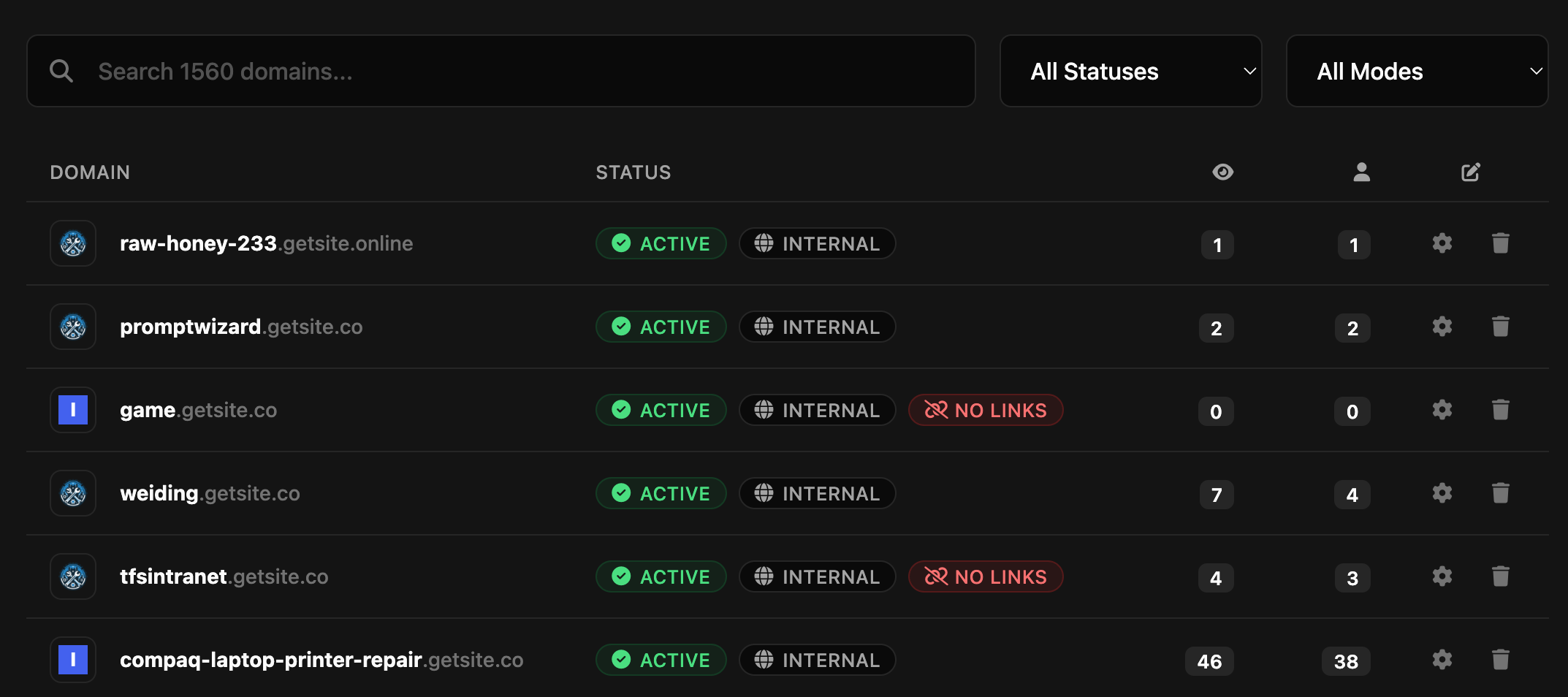 GetSite.ai domain management dashboard