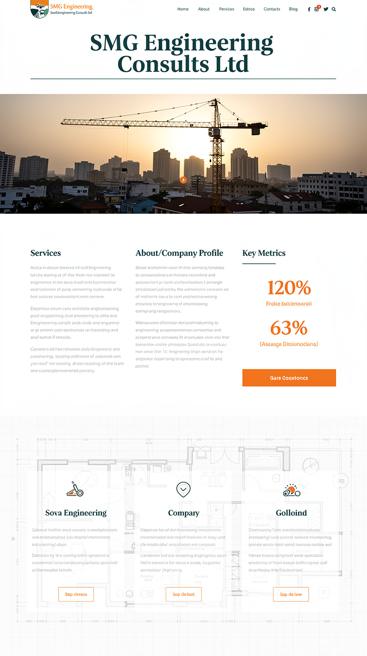 A minimalist, technical-precision homepage for SMG Engineering Consults Ltd, Ghanaian civil engineering consultancy. Near-white background with deep teal-green (#07413c) headline text, thin muted-blue (#6683b2) rule lines and orange highlight accents on key numbers/CTA, full-width hero image of an Accra skyline construction crane silhouette at dusk. Structured multi-column grid, understated serif display font for headings, plenty of negative space, subtle blueprint grid pattern as a section background, feels like a Swiss-engineering-inspired professional consultancy site.