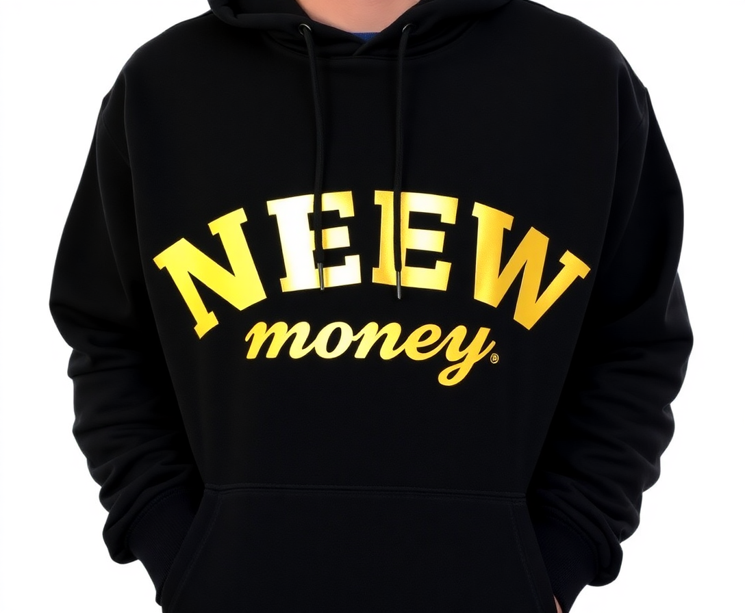 neew money signature hoodie in black with gold lettering