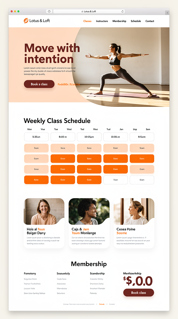 Full-page website mockup for "Lotus & Loft", an energetic modern yoga studio. Bold editorial hero with a large full-bleed photo of a dynamic yoga pose, an oversized confident sans-serif headline overlapping the image, and a single terracotta CTA button. Palette: deep terracotta (#7c2d12), bright orange (#ea580c), warm peach (#fed7aa), off-white background. Sections flow: sticky nav, hero, class schedule as a clean weekly grid, instructor bios in an offset photo grid, membership pricing cards, and a contact section. Generous whitespace, big fluid typography, soft rounded corners, subtle shadows. Modern, athletic, premium studio quality.