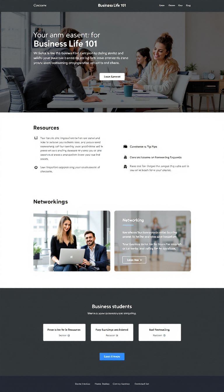 Design a simple, one-page website for "Business Life 101," aimed at business students. The layout should be clean and engaging, featuring sections for resources, tips, and networking opportunities.