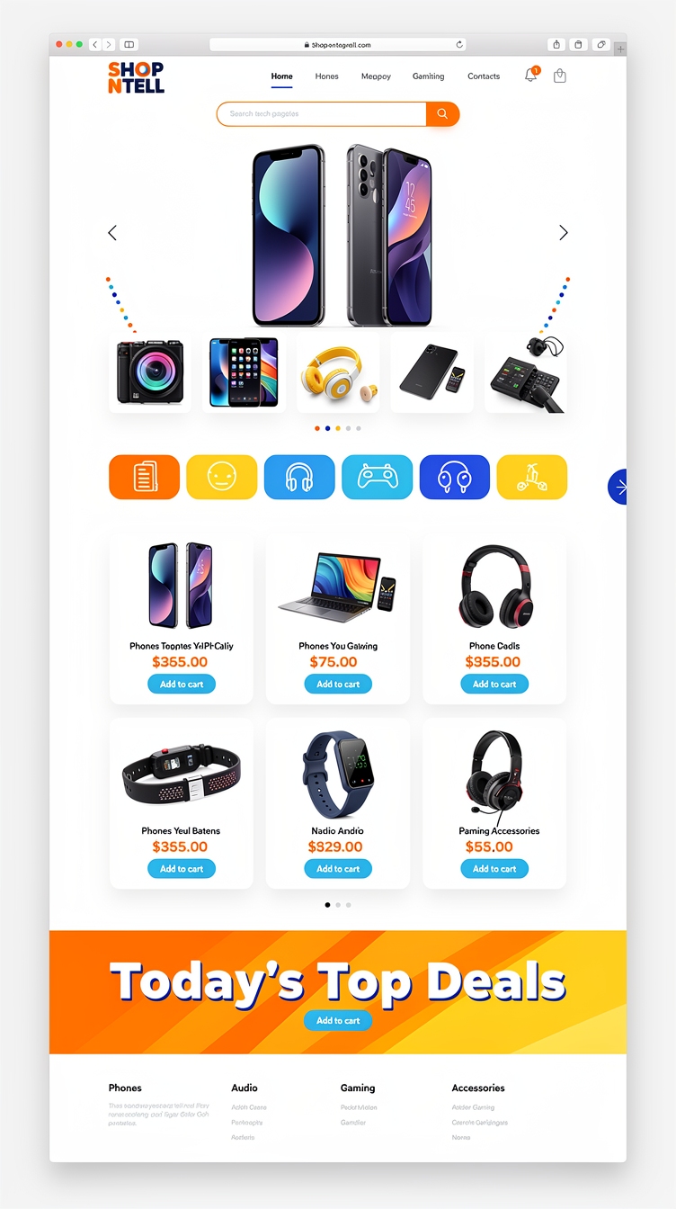 Homepage for "SHOP N TELL", a vibrant tech gadgets store. Clean white background with bold multicolor accents (orange, blue, yellow), centered hero with rotating product carousel, neat card grid, colorful icon category row, deals banner. Modern friendly playful e-commerce look.