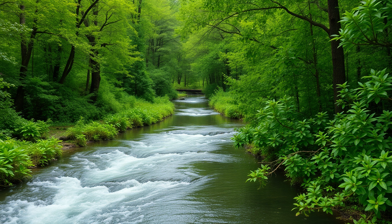 imagen de un hermoso arroyo fluyendo a través de un exuberante bosque verde, representando la optimización de cadenas de suministro agrícola