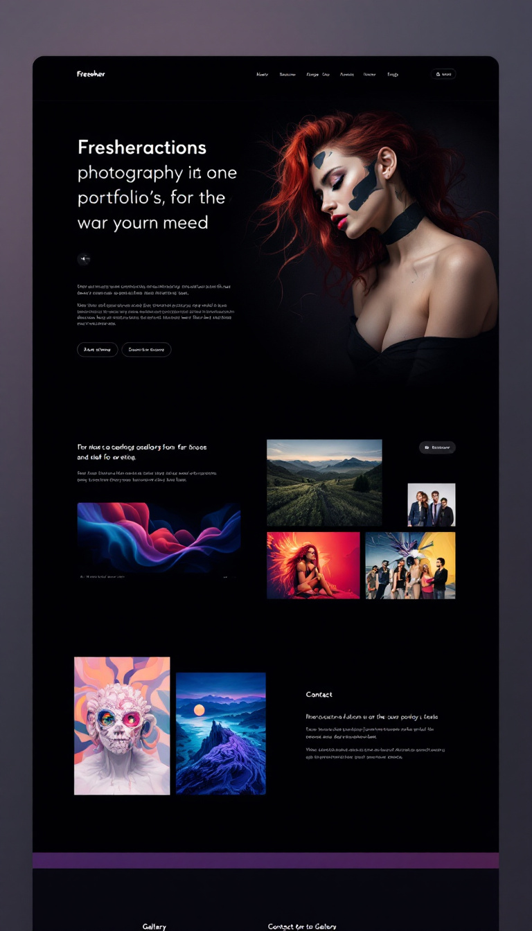 Design a one-page portfolio website for a fresher that showcases photography and art pieces. Use a dark theme with contrasting colors for a striking effect, and include sections for an introduction, a gallery, and a contact form.