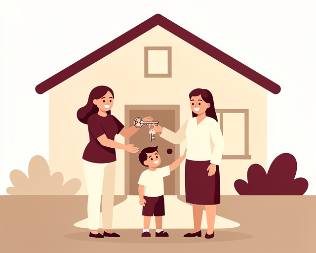 Warm flat vector illustration: Illustration of a family receiving the keys to their new home. Simple friendly shapes, cohesive warm palette of maroon and cream tones, no text or labels.