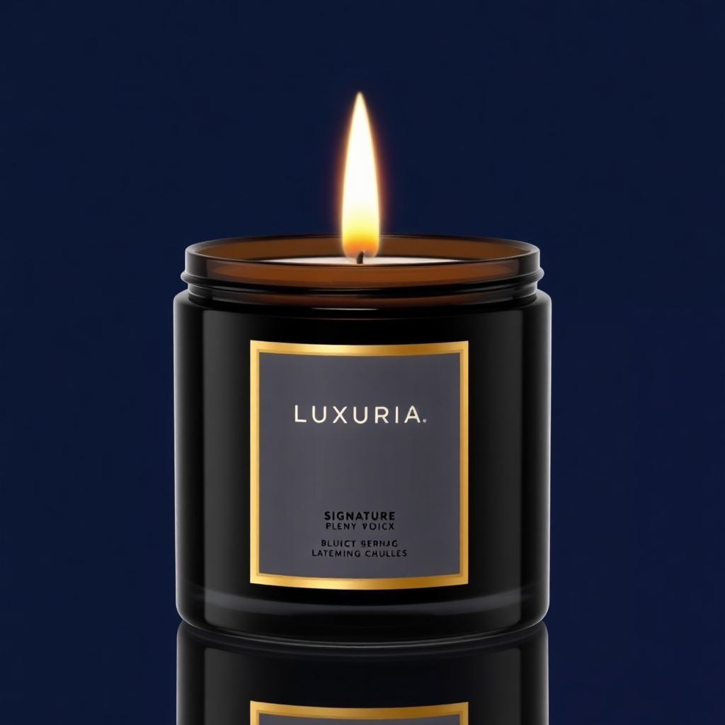 luxuria signature candle in a sleek black jar with golden accents