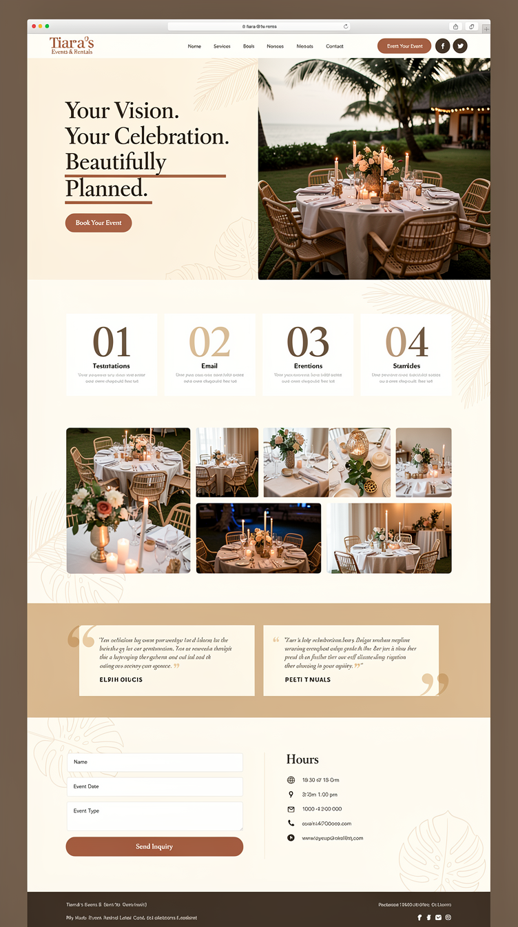 A warm, airy, editorial event-planning homepage for "Tiara's Events & Rentals". Split-screen hero: left half warm ivory with an oversized elegant serif headline "Your Vision. Your Celebration. Beautifully Planned.", a thin terracotta accent line and a rust CTA button; right half a tall photograph of a tropical outdoor table setting with palm shadows. Palette of sand, ivory, terracotta and deep espresso brown with subtle island-inspired botanical line motifs. Sections: horizontal scrolling services cards with big numerals, a magazine-style masonry gallery, testimonial cards on warm sand, and a two-column booking form beside contact hours. Typography: elegant modern serif display plus a light geometric sans.