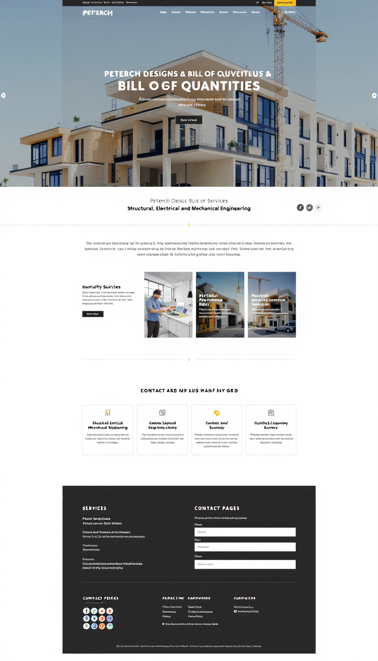 Create a one-page website for "Peterch Designs & Bill of Quantities" that includes an overview of services in structural, electrical, and mechanical engineering, along with quantity surveying. The site should feature a clear menu for pricing pages, a contact form, social media links, and essential contact information for easy navigation and SEO optimization.