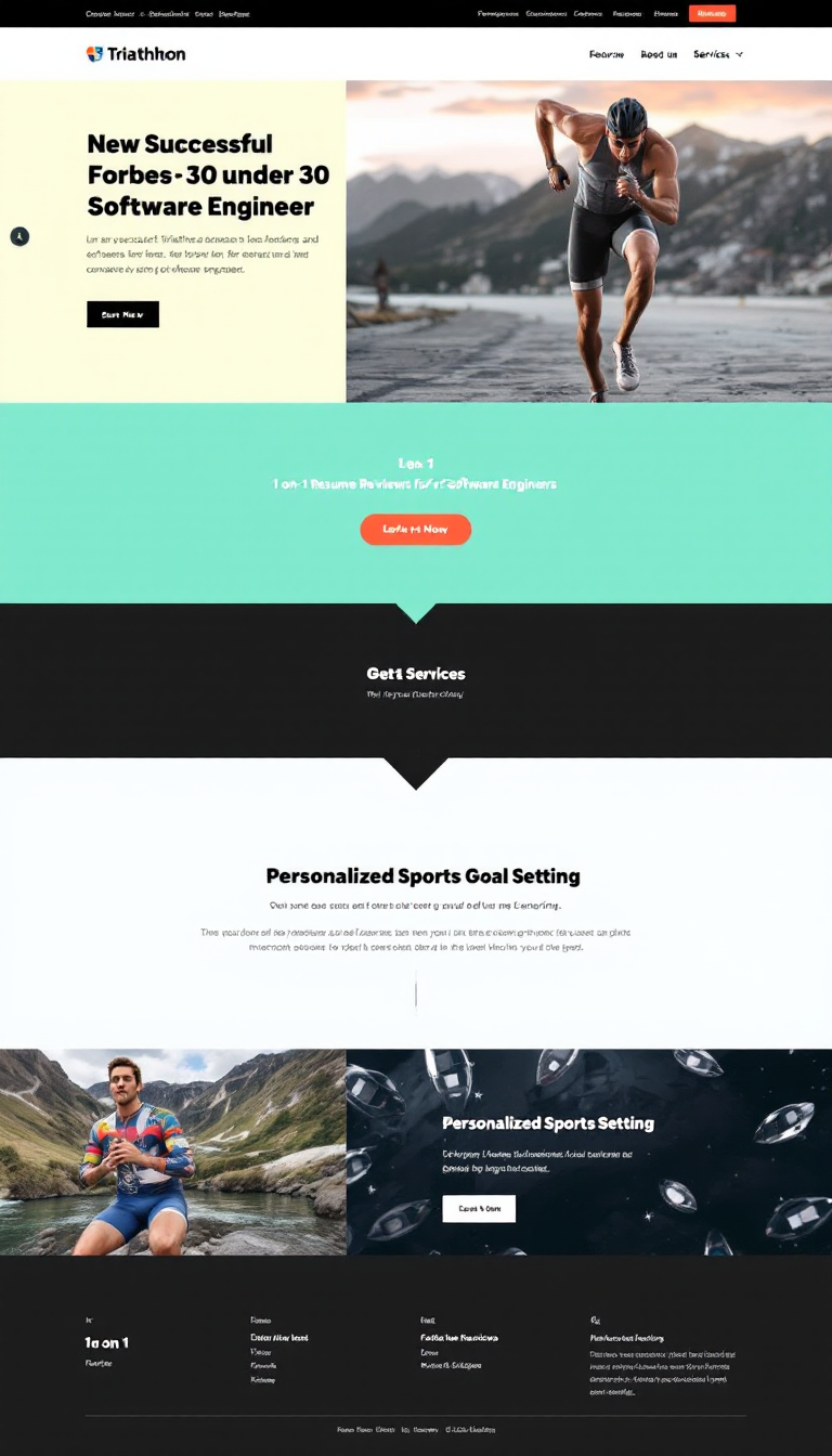 Design a one-page website for a successful triathlete and Forbes 30 under 30 software engineer, showcasing two services: 1-on-1 resume reviews for software engineers and personalized sports goal setting. The layout should be simple, clean, and visually appealing, emphasizing his achievements and services.