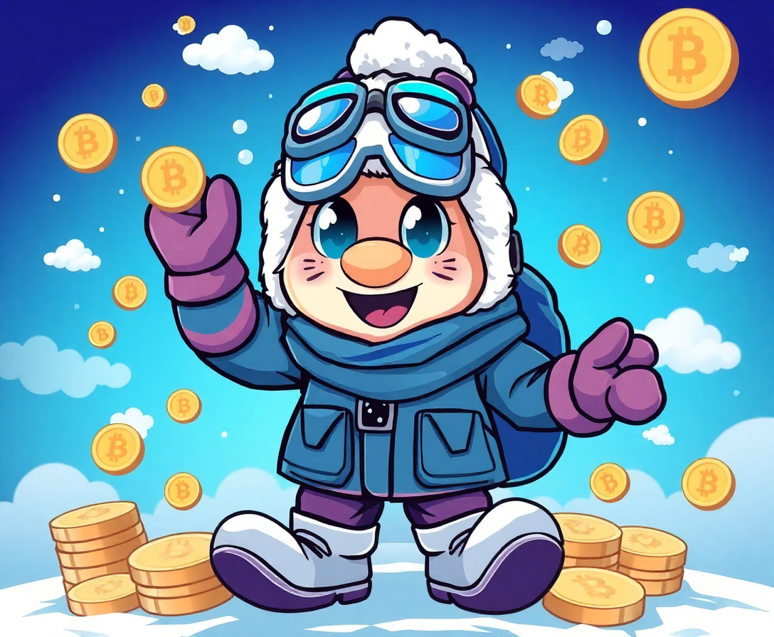 airfall mascot character in winter clothes with goggles, surrounded by crypto coins and clouds
