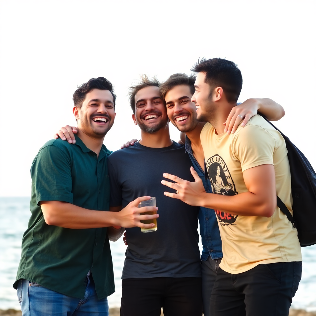grupo de amigos sorrindo e se abraçando em um momento descontraído