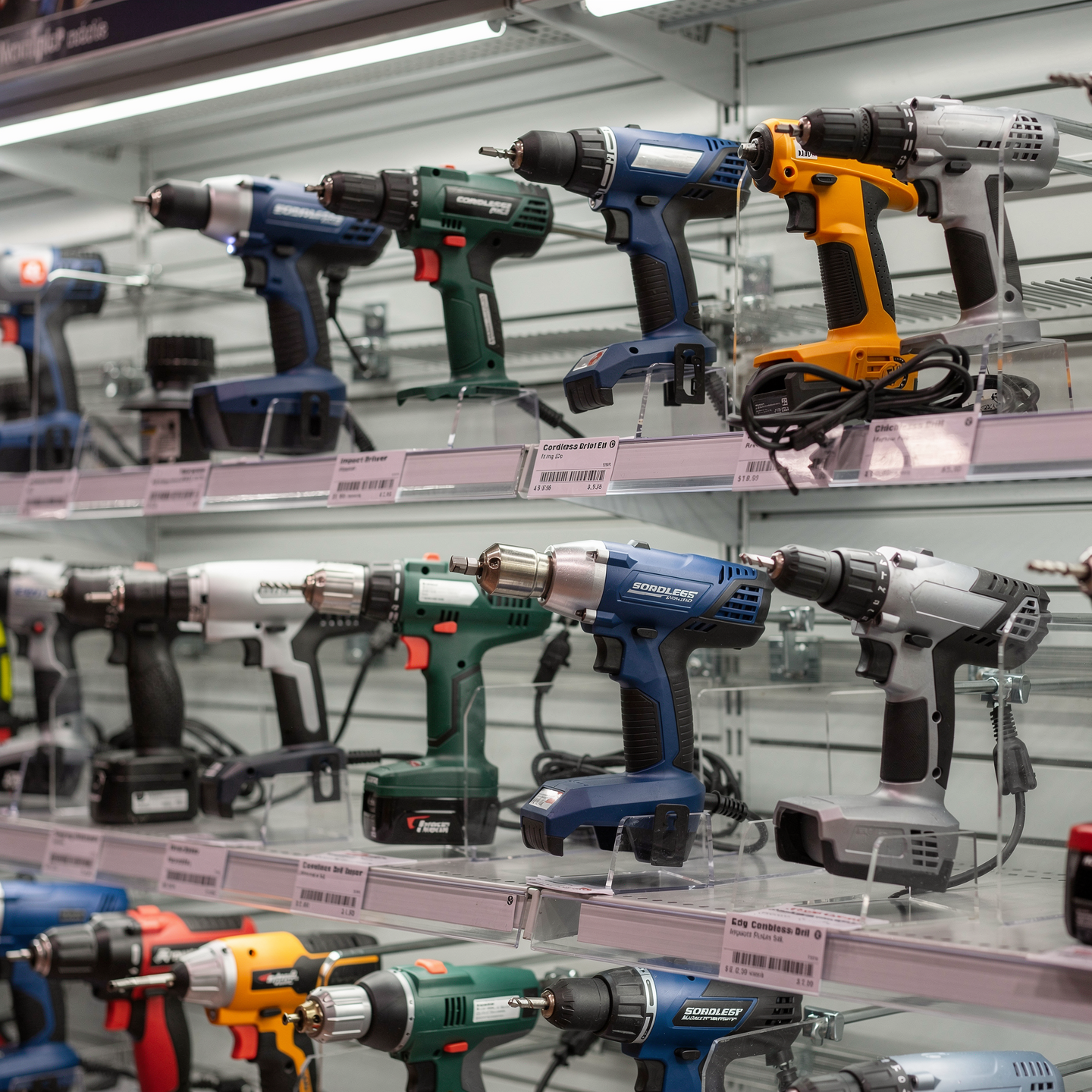 Power drill and electric hand tools displayed on a hardware store shelf, realistic product photography, high detail