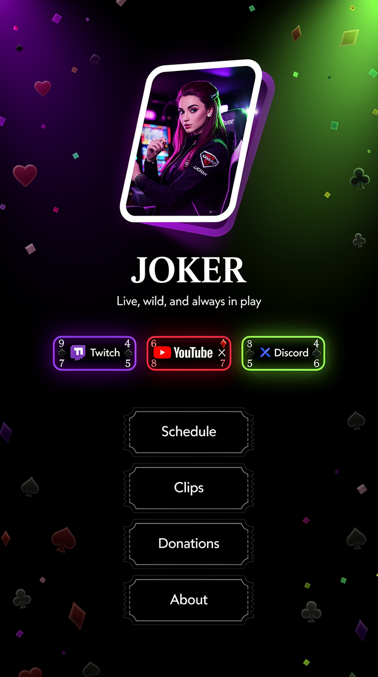 A sleek premium streamer link page called "Joker Streams", full-bleed near-black background (#0f172a) with deep purple and toxic-green spotlight gradients bleeding softly from the corners. Centered hero with a large rounded avatar frame tilted slightly like a playing card, an elegant bold wordmark "JOKER" underneath with a short tagline, then a horizontal row of glowing card-shaped social buttons decorated with small playing-card corner numerals, followed by a vertical list of secondary links styled like ticket stubs with dashed perforation edges. Subtle scattered confetti and card-suit particles, cinematic stage-light mood, high contrast, modern and premium.