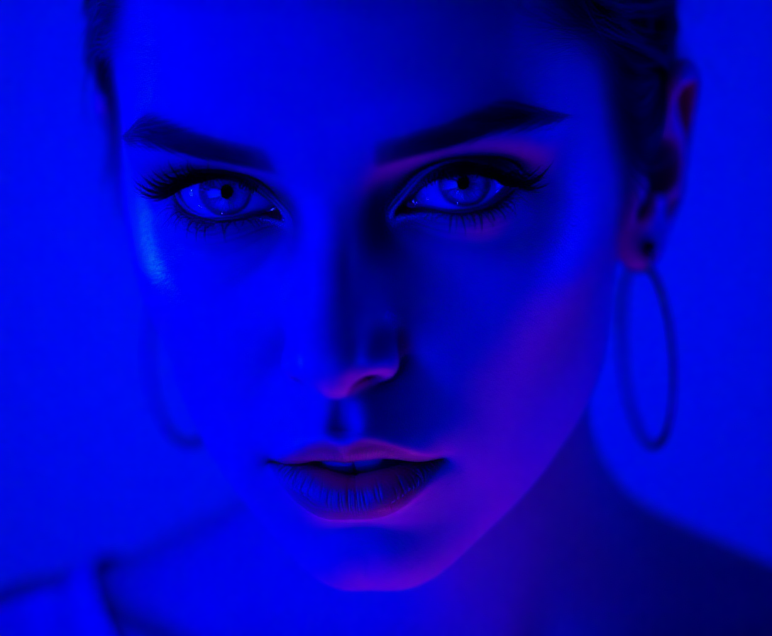 close-up of model's face illuminated by neon blue light, emphasizing dramatic makeup