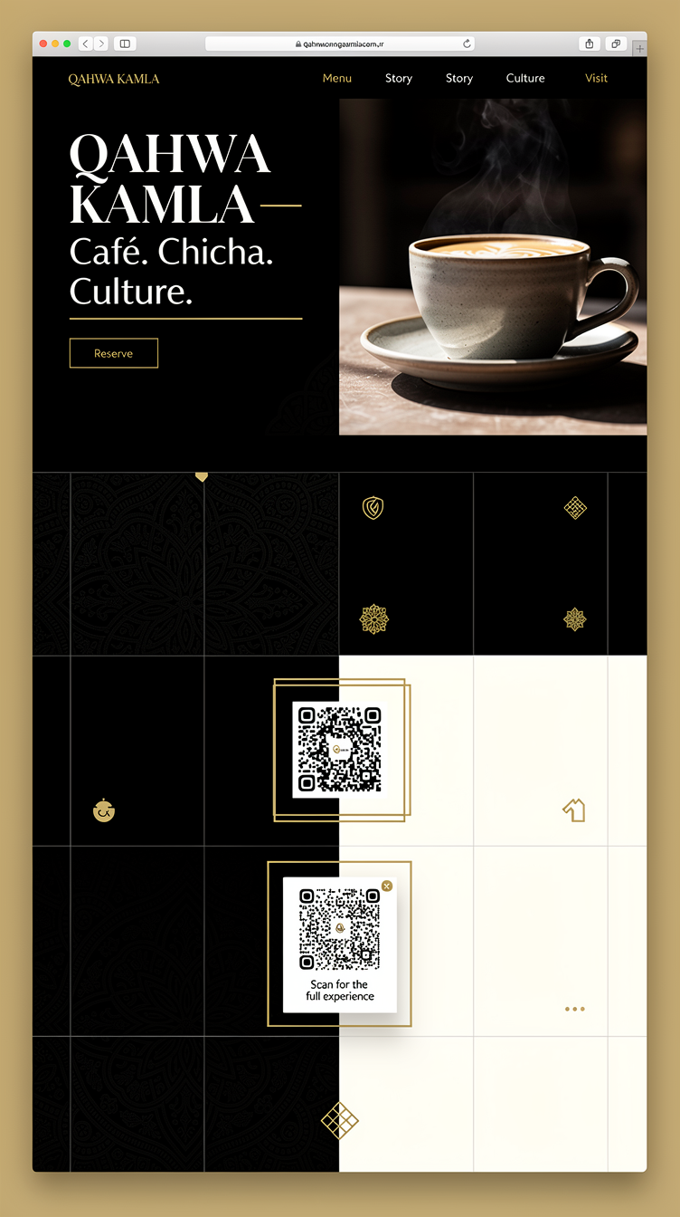 A sleek minimalist café branding website for "Qahwa Kamla" with an editorial, upscale coffeehouse feel. Muted amber-gold accent on near-black and warm off-white background, huge confident modern sans-serif typography, lots of negative space, asymmetric offset image/text layout. Hero has a large cropped photo of a single artisanal coffee cup with subtle steam, minimal headline "QAHWA KAMLA — Café. Chicha. Culture." thin gold underline CTA. Sections use a clean grid with thin dividing lines, a minimal QR code card in a bordered box, subtle gold accents, professional Scandinavian-meets-Moroccan minimalism.