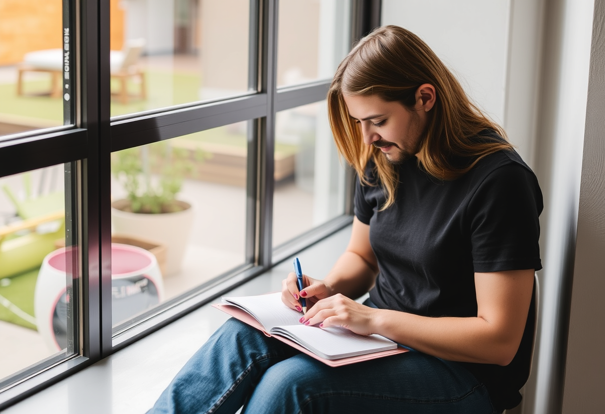 a person sitting by a window, writing in a notebook, representing the brand craft's content creation services