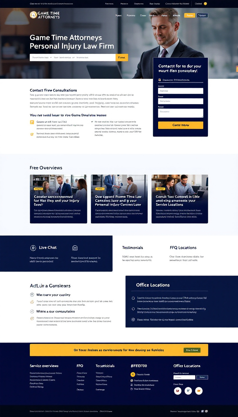 Design a one-page website for a personal injury law firm, Game Time Attorneys, featuring a deep blue (#1C3D6C) color scheme with gold accents (#FFD700). The site should include a contact form for free consultations, a live chat option, service overviews, testimonials, an FAQ section, and office locations, all while maintaining a professional and compassionate aesthetic optimized for mobile and SEO.