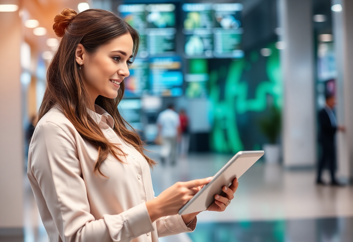 woman using a tablet in a high-tech environment