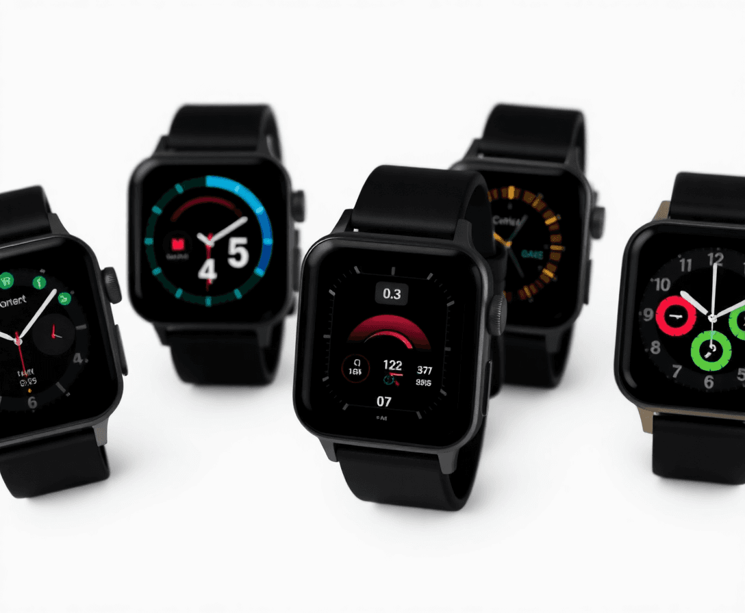 multiple smartwatches displaying various functions and styles in dark mode