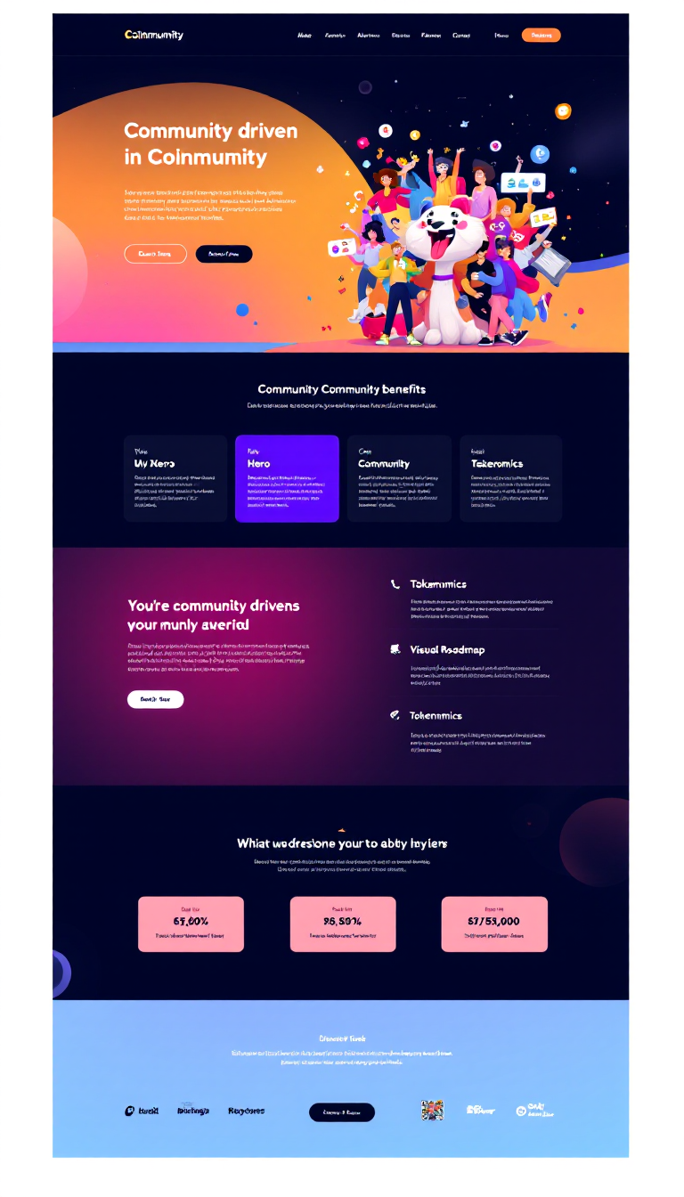 Design a sleek, modern one-page website for a memecoin called 'Coinmunity.' The site should highlight its community-driven essence with fun visuals, focusing on features like a bold hero section, community benefits, tokenomics, a visual roadmap, and clear call-to-action buttons to engage visitors. Use vibrant colors and playful animations to create an approachable yet professional look.
