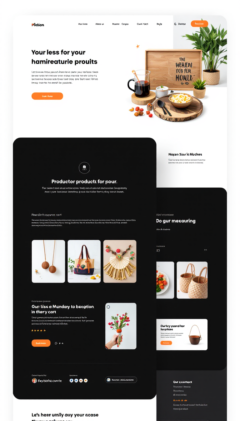 Design a simple and clean one-page ecommerce website for a handicraft business, featuring a vibrant display of products, a user-friendly layout, and easy navigation for customers. Include sections for product showcases, a shopping cart, and contact information.