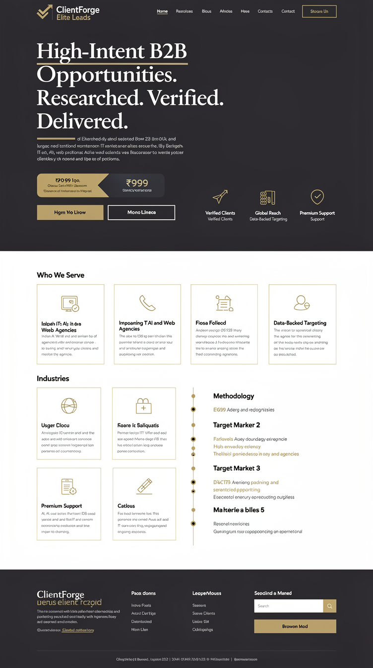Full-page website mockup for "ClientForge Elite Leads", a premium B2B lead generation platform connecting Indian IT/AI/web agencies with verified international clients. Direction A — Editorial Authority: deep charcoal #0F1419 canvas with warm off-white text and restrained gold #D4AF37 accents, huge Playfair Display headline "High-Intent B2B Opportunities. Researched. Verified. Delivered." set asymmetrically left with a thin gold rule, Inter body copy, a slim gold trial banner pill (₹999), two CTAs (solid gold + ghost outline), and a 4-icon trust bar. Below: generous whitespace sections alternating dark and off-white, thin hairline-bordered cards for Who We Serve / Industries / Target Markets, a numbered methodology timeline, and a 3-tier pricing table with the trial column outlined in gold and tagged "LIMITED TIME OFFER". Minimal shadows, geometric checkmark+arrow logomark, magazine-grade type hierarchy.