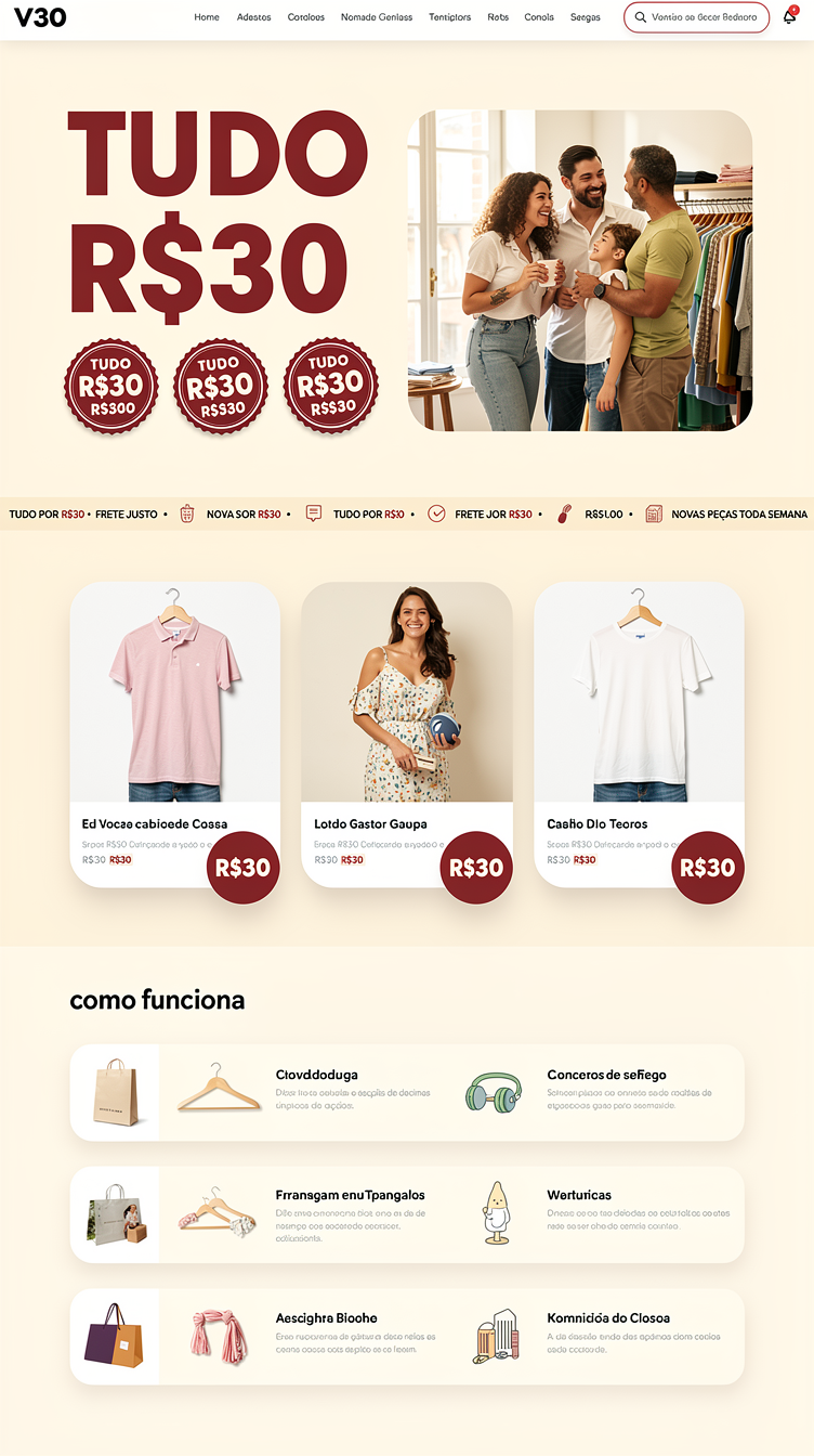 Full-page website mockup for "V30", a Brazilian clothing and accessories store where every item costs R$30. Direction A: bold price-tag energy — hero with a huge oversized "TUDO R$30" display headline in a heavy condensed sans, cherry red (#991b1b, #dc2626) on warm off-white, big sticker-like circular price badges, split hero with a full-bleed photo of a smiling family shopping, sticky top nav with text logo V30, then a scrolling marquee strip, a 3-column product grid with hover lift cards and price chips, an alternating split "como funciona" section, testimonial cards, and a dark red footer with WhatsApp CTA. Generous whitespace, confident typography, rounded 18px corners, soft shadows.