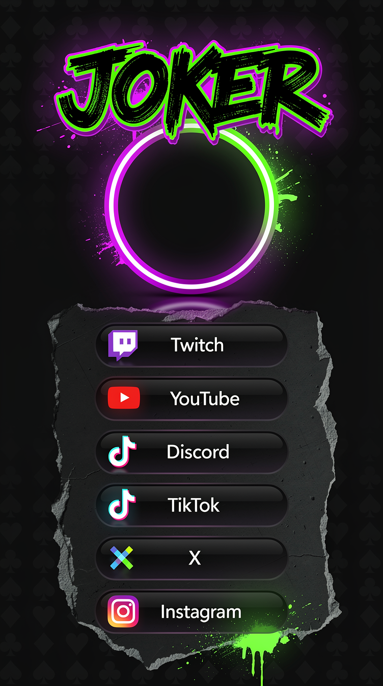 A bold streamer link-in-bio page for a brand called "Joker Streams", dark midnight palette (near-black #0f172a, slate #1e293b) with vivid purple and acid-green gradient accents. Centered circular avatar placeholder with a glowing neon ring, big graffiti-style display headline "JOKER" above it, playful playing-card suit icons (spades, hearts, diamonds, clubs) scattered subtly as background texture. Below, a vertical stack of large glassy dark pill-shaped link buttons for Twitch, YouTube, Discord, TikTok, X and Instagram, each with a neon icon and soft glow. Torn-paper section dividers, energetic modern streamer aesthetic, clean sans-serif for buttons and a bold graffiti display font for the name.