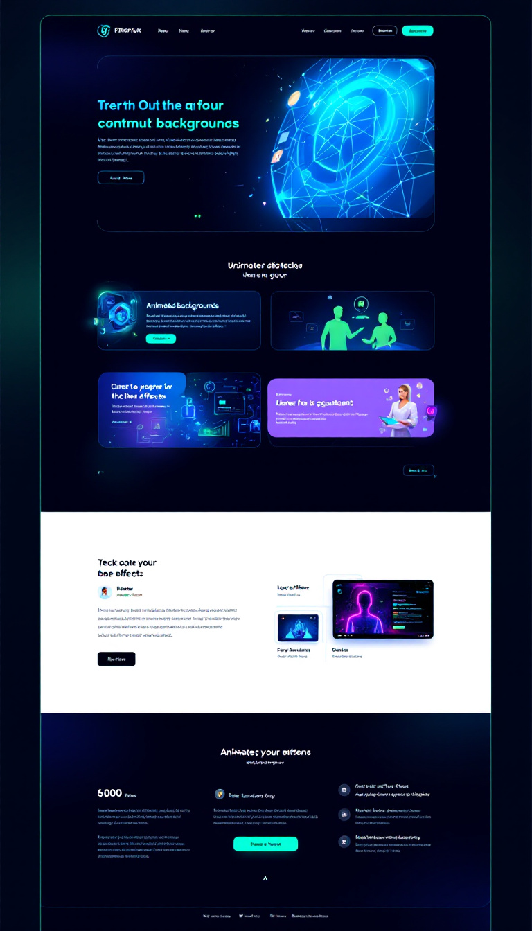 Create a futuristic one-page website design using electric blue and neon green on a dark background. Incorporate animated backgrounds, glowing effects, and geometric patterns to enhance the tech vibe, along with interactive elements like hover effects and a virtual assistant in neon green. Include smooth transitions and multimedia content for a dynamic user experience.