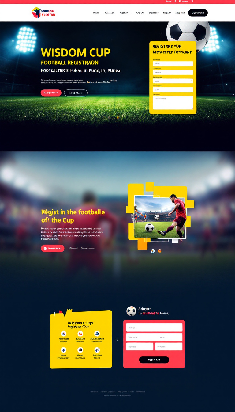 Create a clean one-page website for football registration for the "Wisdom Cup" event by SPOORTON in Pune, India. It should include essential details, registration information, and an eye-catching design.