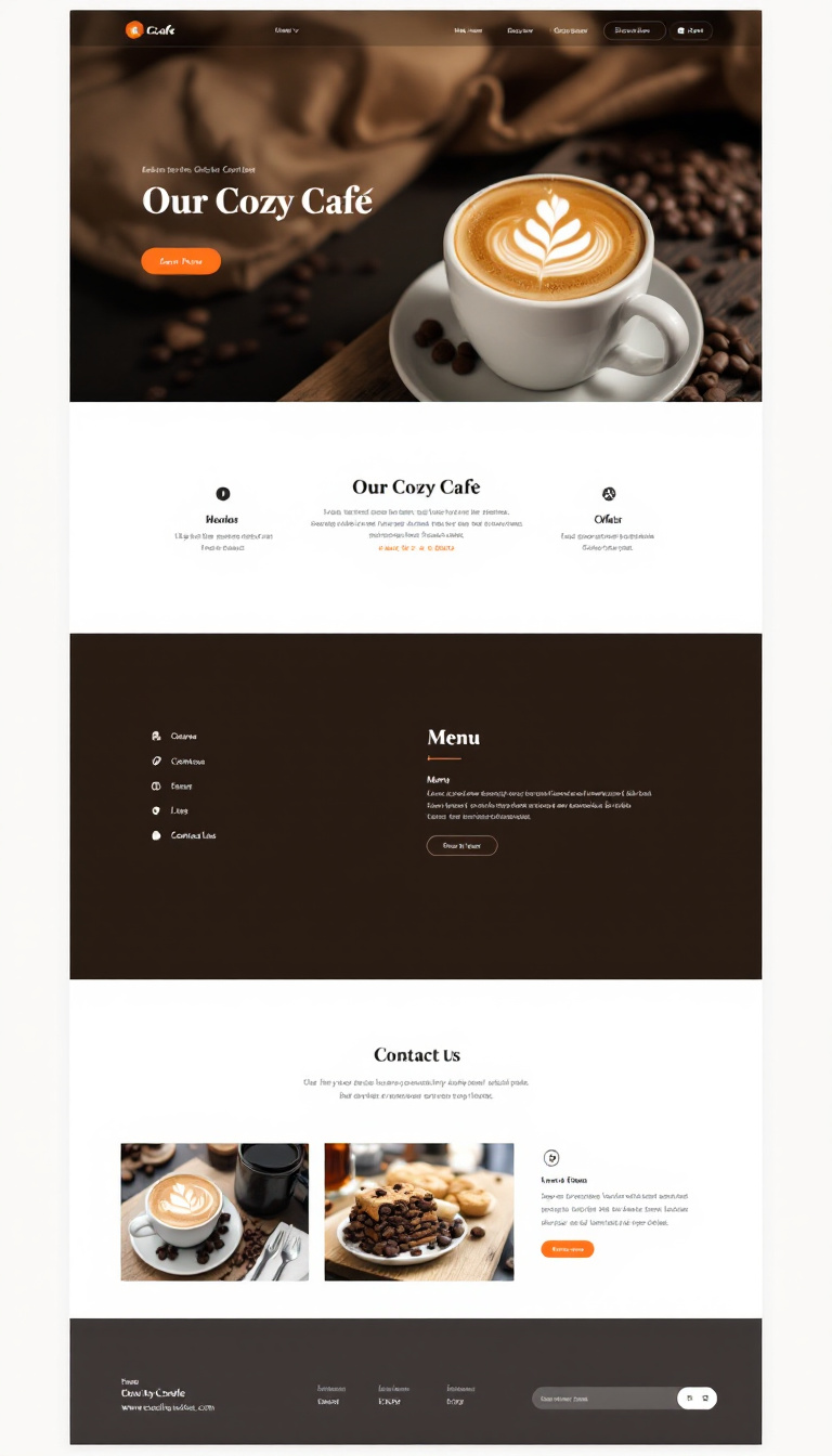 Create a simple one-page website design for a cozy cafe, featuring a header with the cafe's name, an inviting image of coffee, a menu section, and contact information. Use warm colors and a welcoming layout.