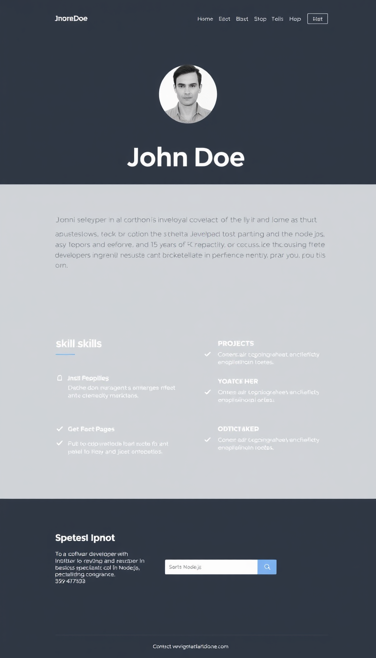 Design a clean one-page portfolio website for John Doe, a software developer with 15 years of experience specializing in Node.js. The layout should highlight his skills, projects, and contact information.