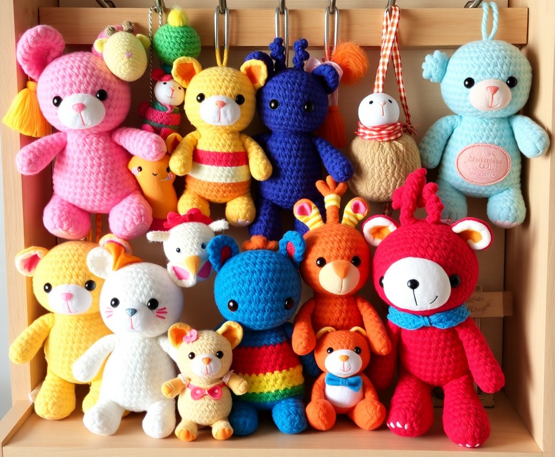 collection of colorful handmade plush toys and accessories